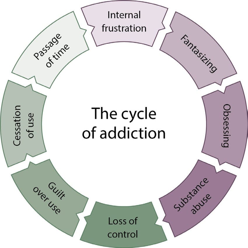 This diagram illustrates the cyclical nature of alcohol addiction, highlighting the recurring pattern of negative emotions, preoccupation with alcohol, substance abuse, and temporary periods of abstinence followed by relapse.