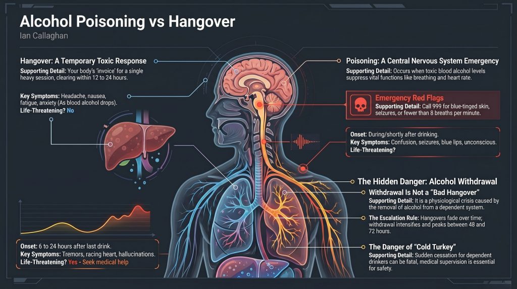 infograph for Alcohol Poisoning vs Hangover: One Passes by Lunchtime. The Other Can Kill You.