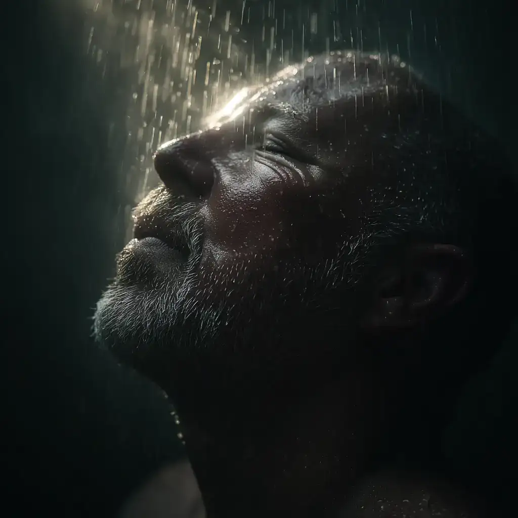 Man standing under cold contrast shower, reflecting strength and presence