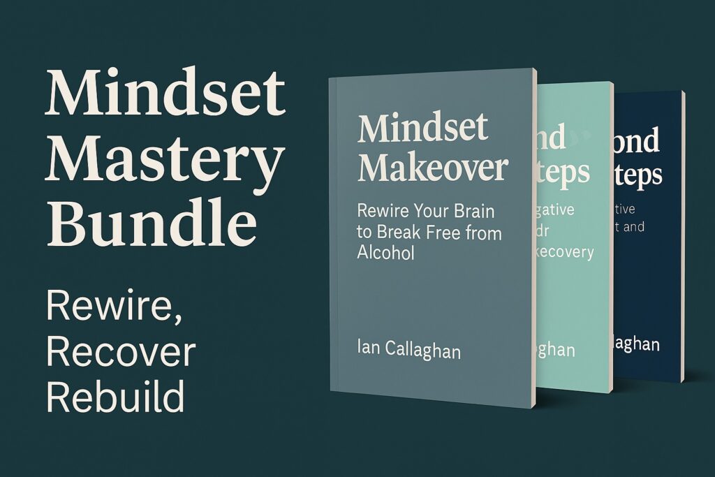 Promotional image for the Mindset Mastery Bundle – three digital PDF guides: Mindset Makeover, Breathe Heal Transform, and Beyond 12 Steps. Instant download, lifetime access, under £10 each.