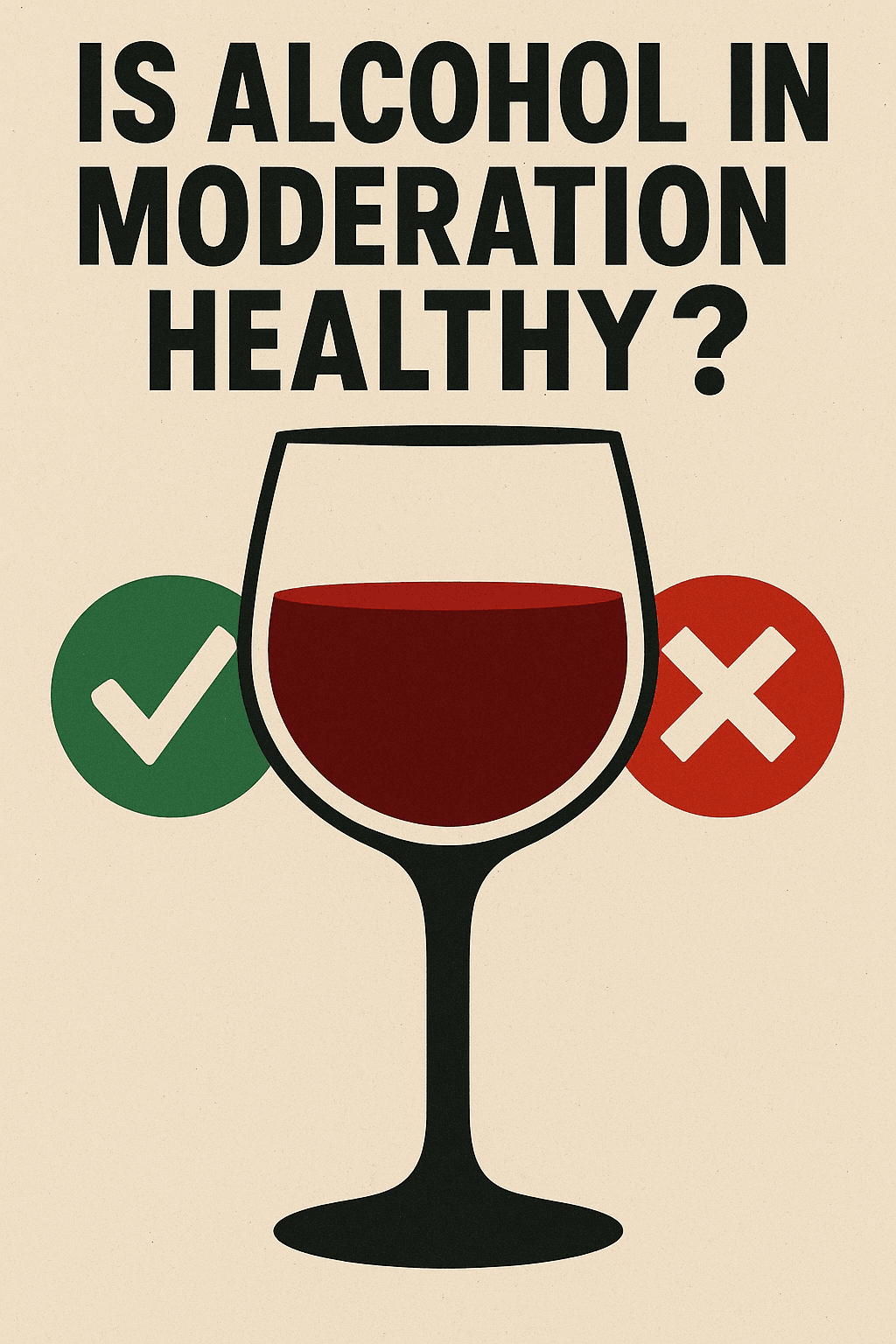 Illustration of a wine glass filled with red wine, placed between a green check mark and a red X. Bold black text above reads “Is Alcohol in Moderation Healthy?” – highlighting the debate over alcohol’s health risks and benefits.