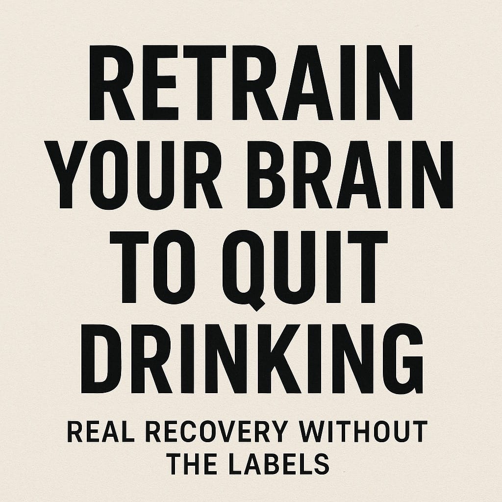 Bold digital graphic with the phrase ‘Retrain Your Brain to Quit Drinking’ in gritty, powerful typography. Background features a cracked concrete texture and glowing neural pathway illustrations, symbolising transformation, resilience, and neuroplasticity. A broken chain and rising sun evoke freedom and new identity beyond addiction.