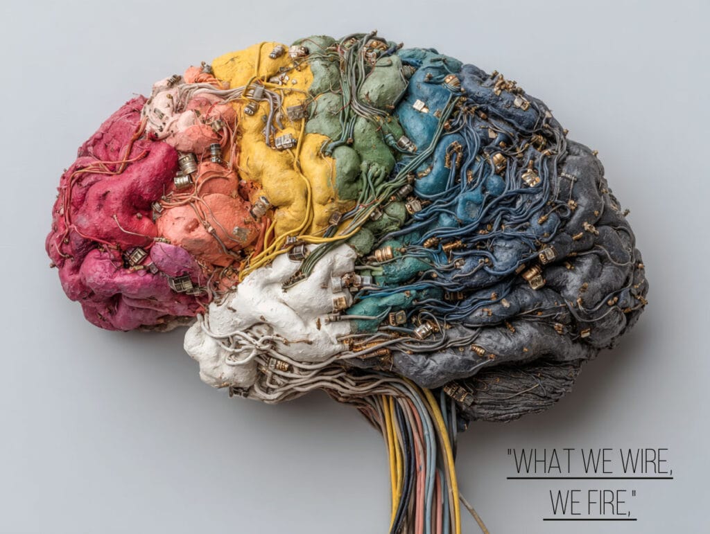 Neuroplasticity and Addiction, image of a plasticine brain with wiring and electrons.