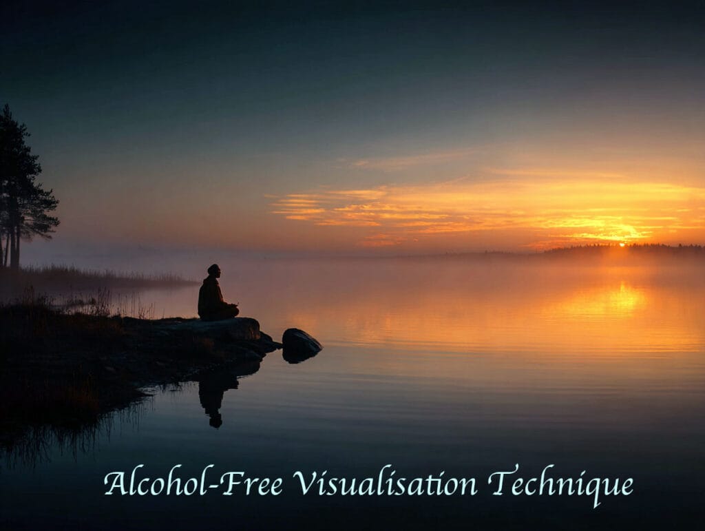 Silhouette of a person meditating at sunrise by a calm lake, surrounded by mist and soft golden light, with the text “Alcohol-Free Visualisation Technique” in elegant white script along the bottom edge.