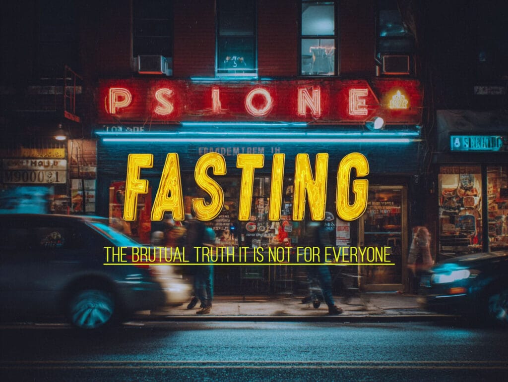 Night city street scene with neon signage and blurred cars, large yellow text reading ‘Fasting Is Not for Everyone’ prominently displayed across the centre