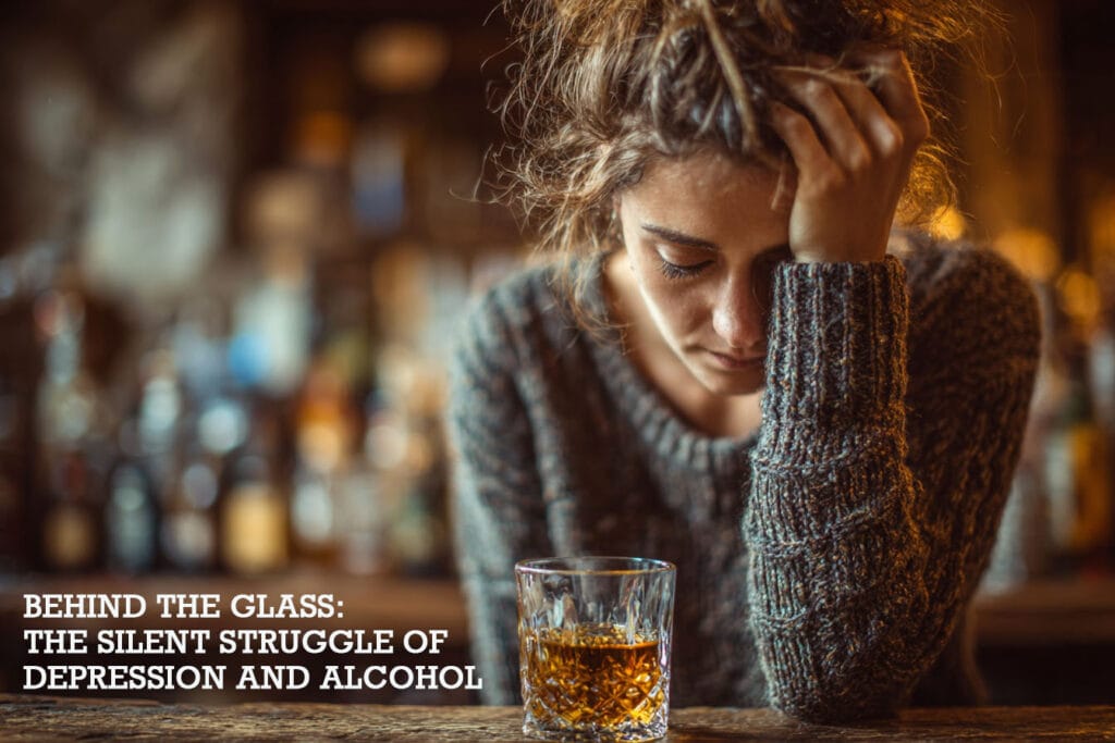 A woman in a dimly lit bar with her head in her hand beside a glass of whisky, representing the emotional toll of depression and alcohol.