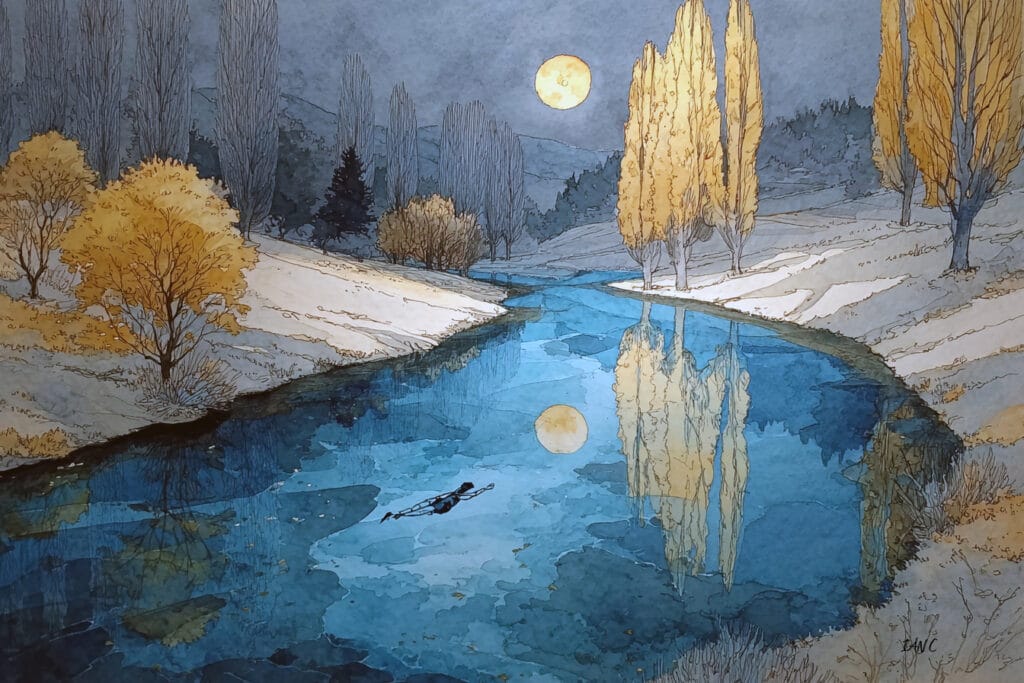 Moonlit Serenity: Digital line and wash watercolour, symbolising solitude and the journey of self
