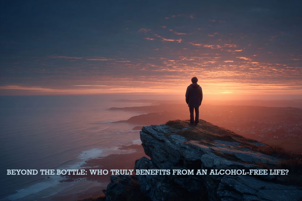 A man silhoueted against a coastal setting at sunrise Beyond the Bottle: Who Truly Benefits from an Alcohol-Free Life?