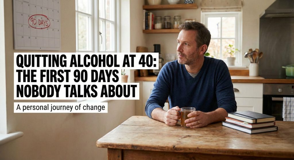 Middle aged man sat at a table calendar showing 90 DAYS Over 40 and ready to quit alcohol? Discover the raw truth about the first 90 days. Rewire your brain, reclaim your purpose. No bullshit.