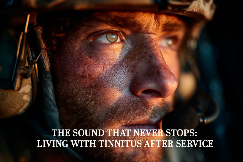 UK veteran tank crew wearing radio headset inside armoured vehicle, symbolising long-term tinnitus and hearing loss from military service