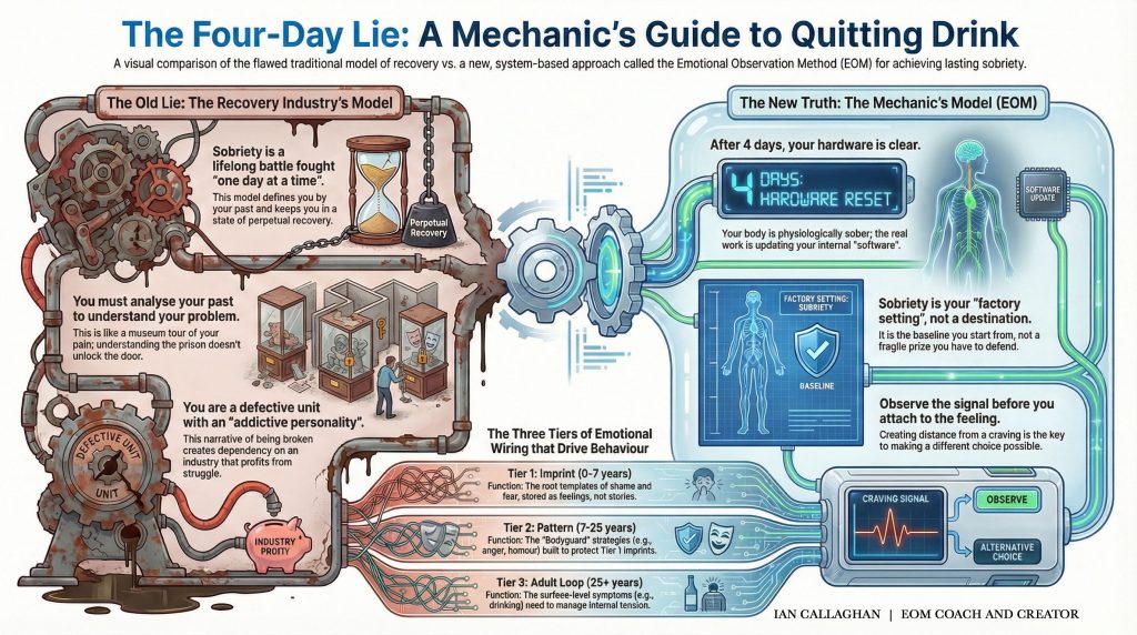 Ian Callaghan, EOM Coach and Veteran, explaining the Four-Day Lie of sobriety. Comprehensive infograph.
