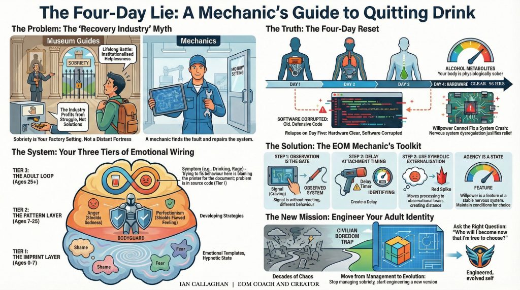 Ian Callaghan, EOM Coach and Veteran, explaining the Four-Day Lie of sobriety.