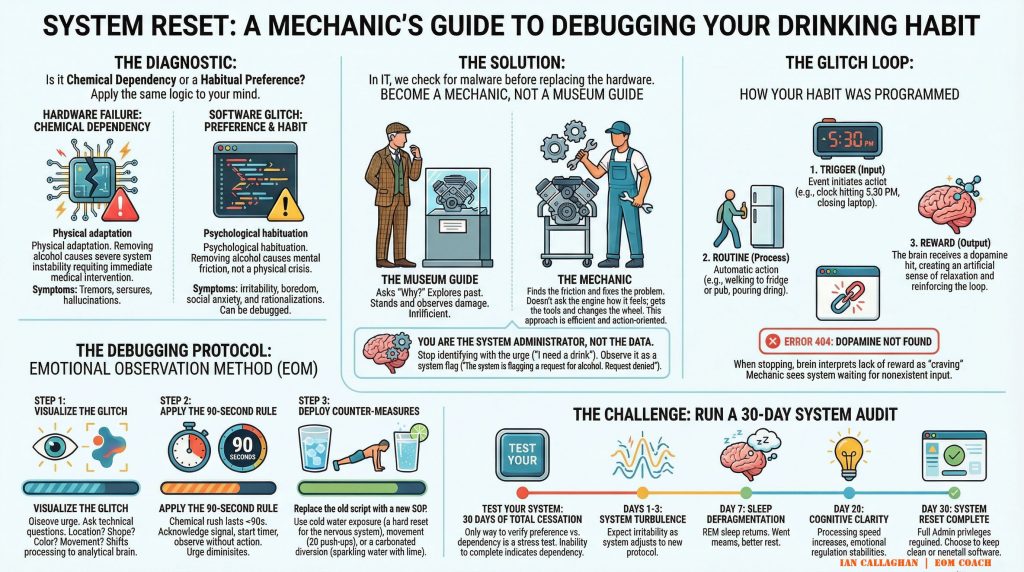 A detailed infographic titled System Reset: A Mechanic's Guide to Debugging Your Drinking Habit. It illustrates the difference between physical alcohol dependency and psychological preference, outlines the "glitch loop" of triggers and rewards, and provides a 30-day "system audit" timeline for quitting.