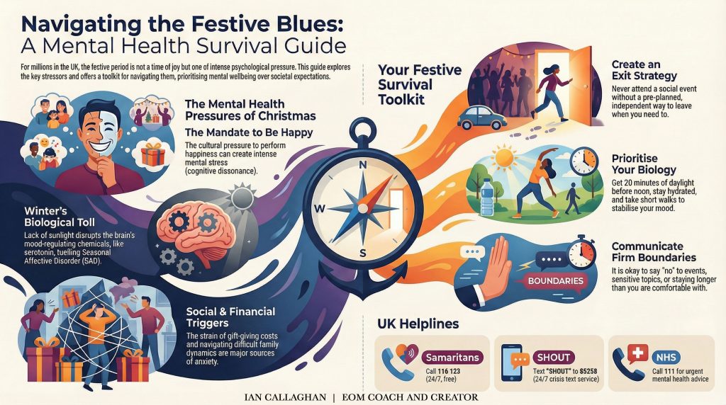 Infographic titled “Navigating the Festive Blues: A Mental Health Survival Guide” showing how Christmas affects mental health in the UK. Visual sections illustrate pressure to be happy, winter biology and SAD, social and financial stress, and coping strategies including exit plans, daylight exposure, movement, hydration, and setting boundaries. Includes UK mental health support helplines for Samaritans, SHOUT, and the NHS. Designed as a Christmas mental health awareness and survival guide.