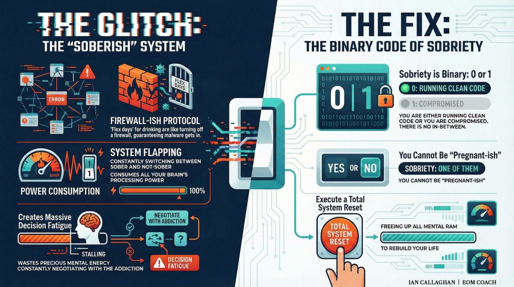 Infographic showing why intermittent sobriety or soberish lifestyles fail, comparing a compromised brain system with the binary code of true sobriety