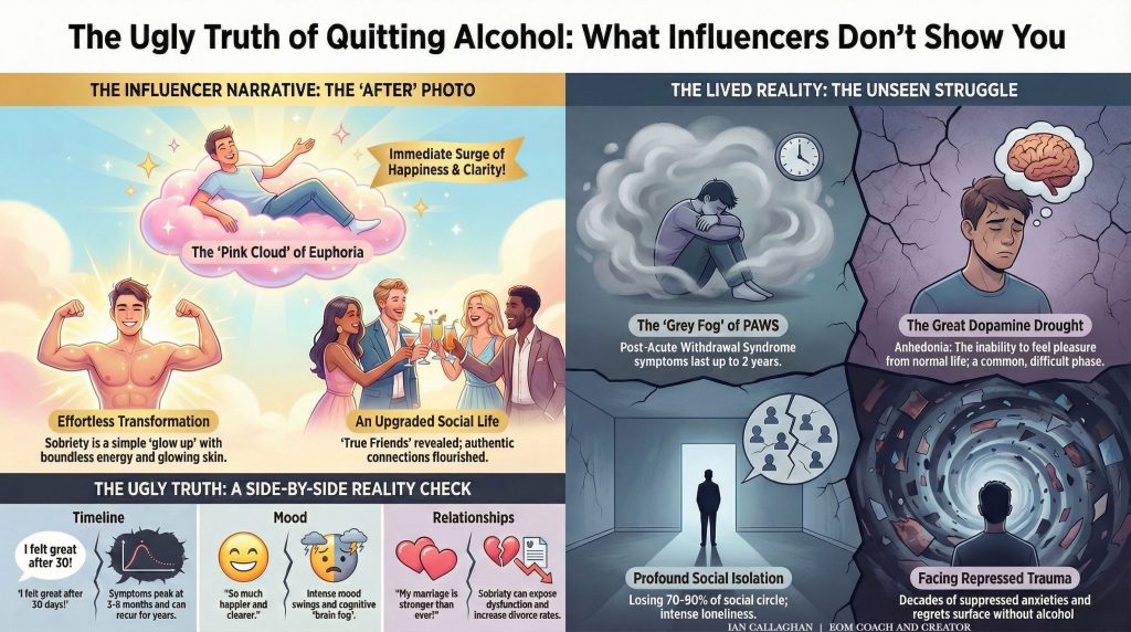 Illustrated comparison showing the ugly truth of quitting alcohol versus influencer myths. Left side shows the influencer narrative with pink cloud euphoria, instant happiness, glowing health, and an upgraded social life. Right side shows lived reality including PAWS grey fog, dopamine drought, anhedonia, social isolation, repressed trauma, loneliness, brain fog, mood swings, and long-term psychological struggle after quitting alcohol.
