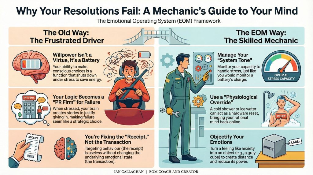 Infographic displaying why resolutions fail, how willpower is never enough and how the EOM framework works