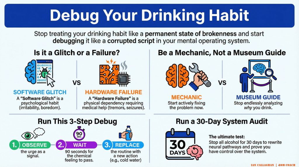 Infographic titled System Reset comparing alcohol chemical dependency (hardware failure) vs. habitual preference (software glitch), including the Emotional Observation Method and a 30-day system audit timeline.