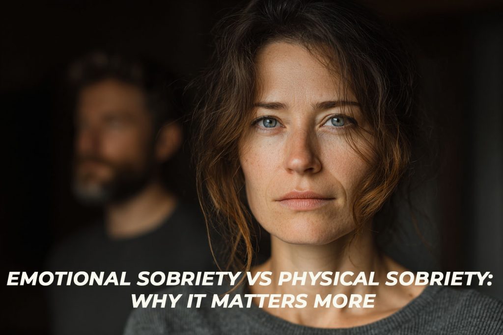 A woman looking reflective and serious, representing emotional sobriety compared to physical sobriety.