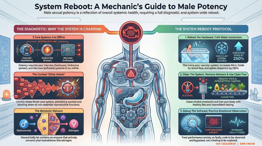 Infographic titled System Reboot: A Mechanic’s Guide to Male Potency by Ian Callaghan. Illustrates the causes of low libido (Cortisol DDoS Attack and Metabolic Malware) alongside the System Reboot Protocol: Cold Water Immersion, Alcohol Cessation, and Emotional Observation.