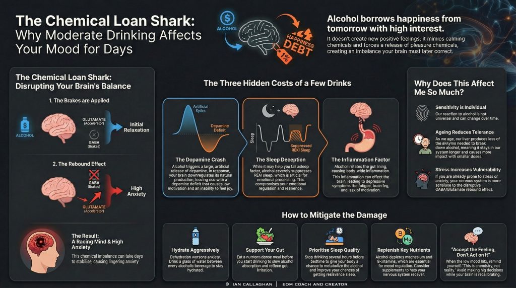 infograph explaing 4 Surprising Reasons Moderate Drinking Wrecks Your Mood for Days and the chemical loan shark