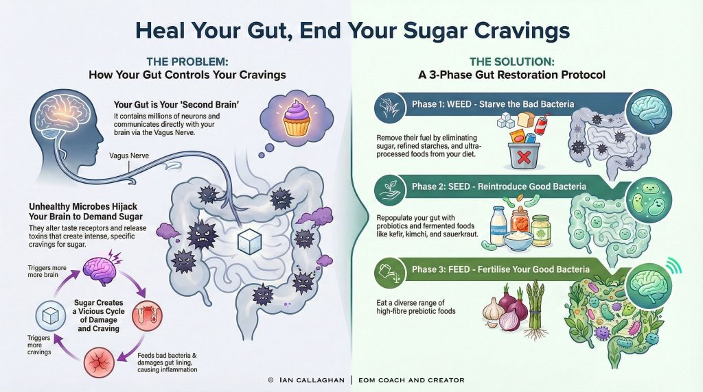 infograph Your sugar cravings are biological, not personal failure. Discover how gut health, dysbiosis, and microbiome restoration control appetite and how to break the cycle for good.
