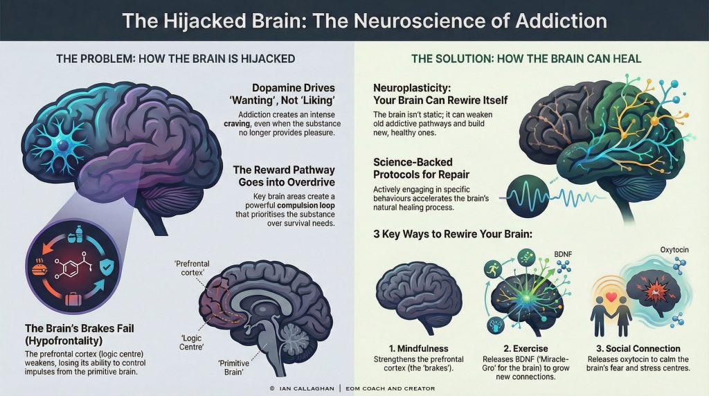 infographic of the hijacked brain.  The Neuroscience of Addiction: Your Brain Hijacked?