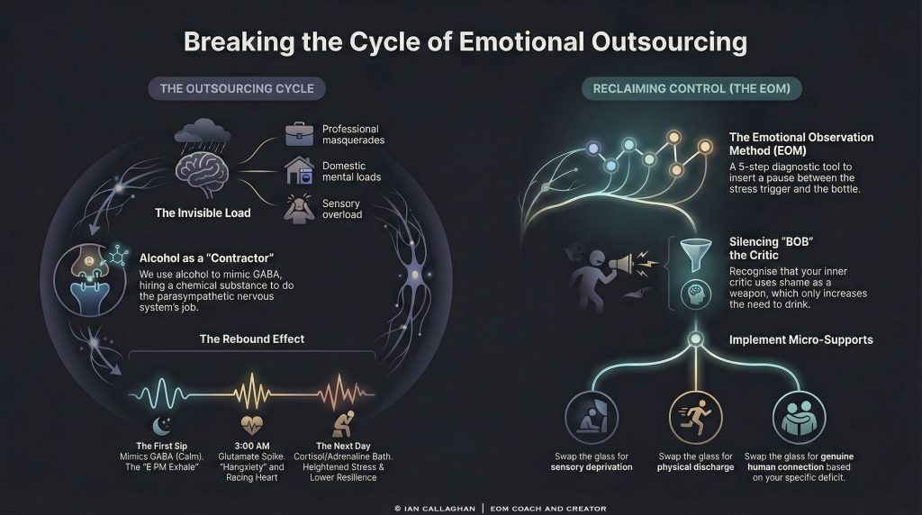 An infographic titled "Breaking the Cycle of Emotional Outsourcing" contrasting the "Outsourcing Cycle" (using alcohol to mimic GABA) with "Reclaiming Control" via the Emotional Observation Method (EOM) and micro-supports.