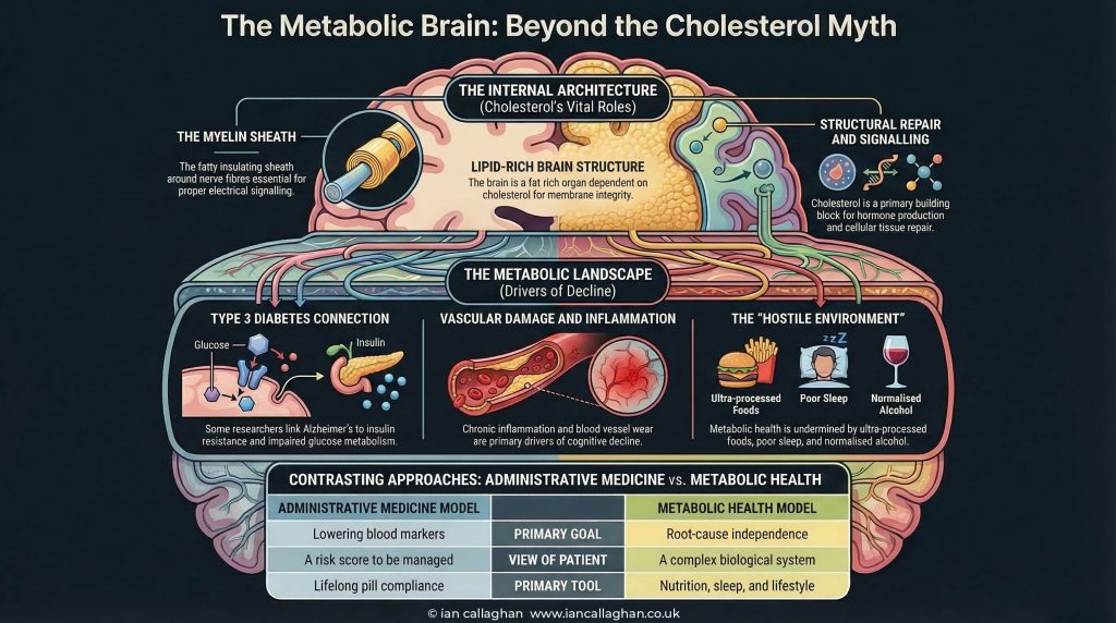 Illustrated infographic titled “The Metabolic Brain: Beyond the Cholesterol Myth” statins cholesterol dementia. showing cholesterol’s role in brain health, including myelin sheath, lipid-rich brain structure, structural repair and signalling, alongside drivers of decline such as insulin resistance, vascular damage, inflammation, ultra-processed food, poor sleep and alcohol.