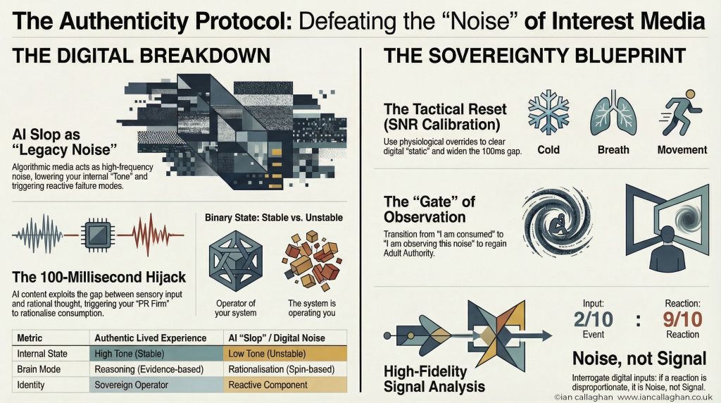 The Authenticity Protocol: Defeating the Noise of Interest Media” showing a side-by-side breakdown of digital overload versus a sovereignty blueprint, with diagrams for AI slop, the 100-millisecond hijack, tactical reset tools like cold, breath and movement, signal analysis, and a comparison table contrasting authentic lived experience with AI-driven digital noise.