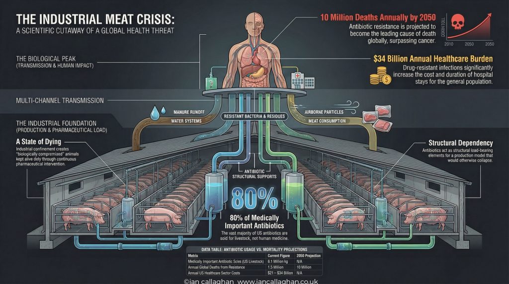 infograph depicting factory farmed meat antibiotics antibiotic resistance