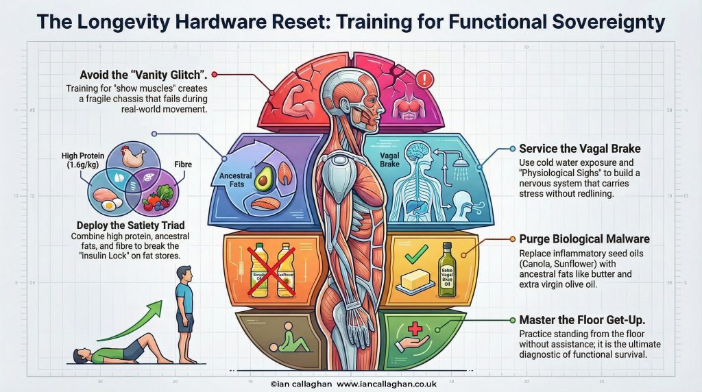 Infographic showing the Longevity Hardware Reset by Ian Callaghan. why your biceps are a liabilityCentral anatomical figure surrounded by six sections covering the Vanity Glitch, Satiety Triad, Vagal Brake, Biological Malware from seed oils, and the Floor Get-Up as a diagnostic of functional sovereignty. iancallaghan.co.uk