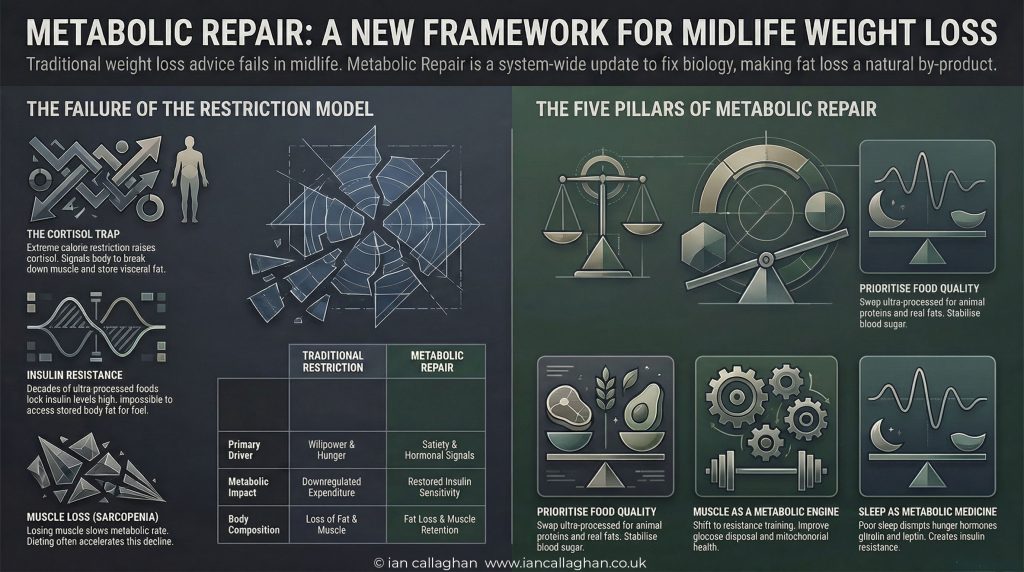 Infographic comparing traditional calorie restriction with the five pillars of metabolic repair for midlife weight loss: food quality, muscle as metabolic engine, and sleep as metabolic medicine