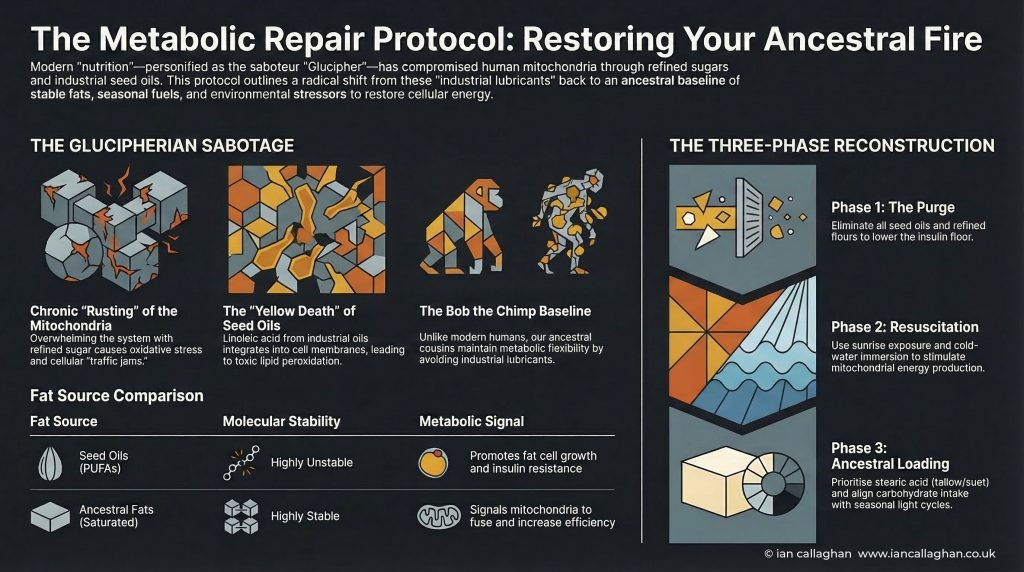 Infographic: The Metabolic Repair Protocol. Covering the Glucipherian Sabotage, seed oil toxicity, the Bob the Chimp baseline, and the three-phase reconstruction including The Purge, Resuscitation, and Ancestral Loading.