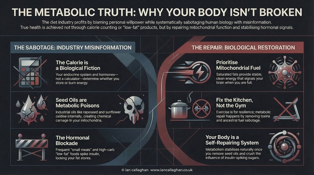 Metabolic truth infographic showing diet industry sabotage versus biological restoration by Ian Callaghan.