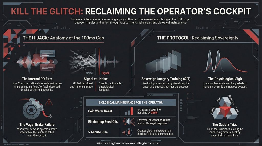 Ian Callaghan infographic showing Why Do I Self Sabotage At Night and How to Take Back Control anatomy including the internal PR firm, vagal brake failure, sovereign imagery training and the satiety triad for reclaiming mental sovereignty.