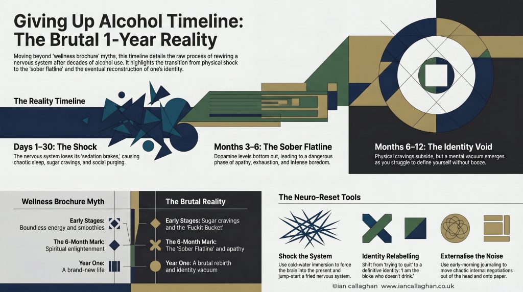 Infographic detailing the giving up alcohol timeline, showing the gritty 1-year reality from the initial physical shock, through the apathy of the sober flatline, and into the identity void.