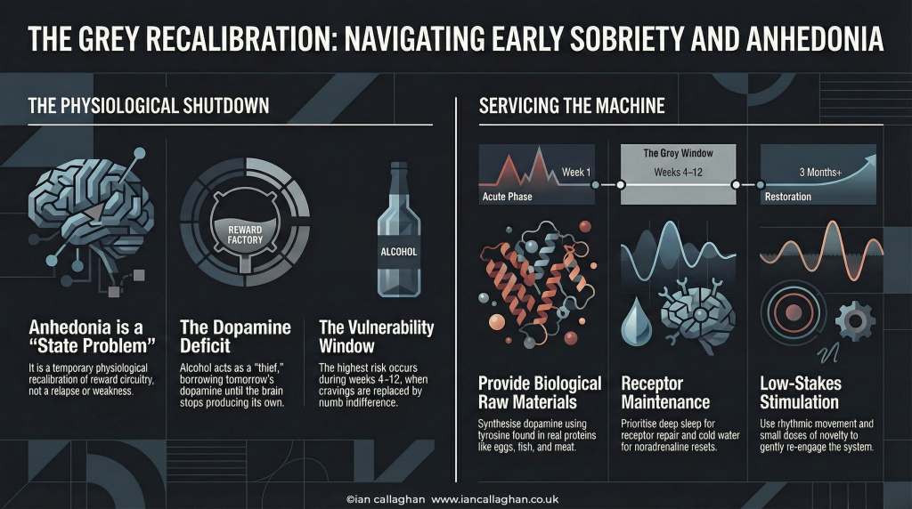 infograph explaining Anhedonia in Early Sobriety: by Ian Callaghan
