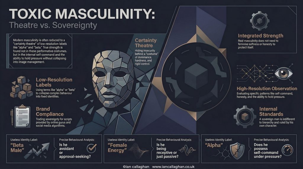 infograph describing Toxic Masculinity: Why the Alpha/Beta Theatre is Just Insecure Branding by Ian Callaghan