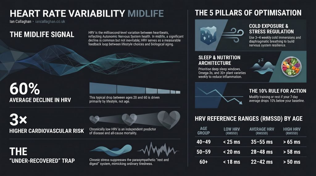 heart rate variability midlife chart showing HRV decline in midlife and recovery through lifestyle intervention by Ian Callaghan