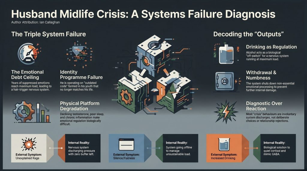 infograph of Husband Midlife Crisis a systems failure diagnosis by Ian Callaghan